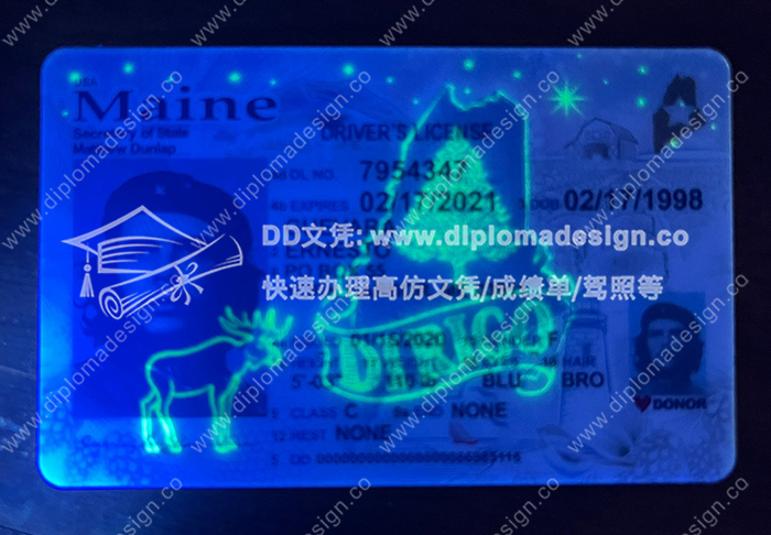 缅因州驾照正面带荧光